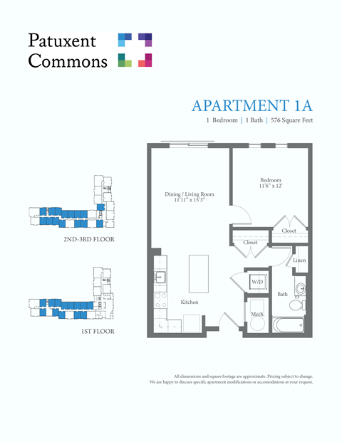 Floor plan for 1 bed, 576 sqft